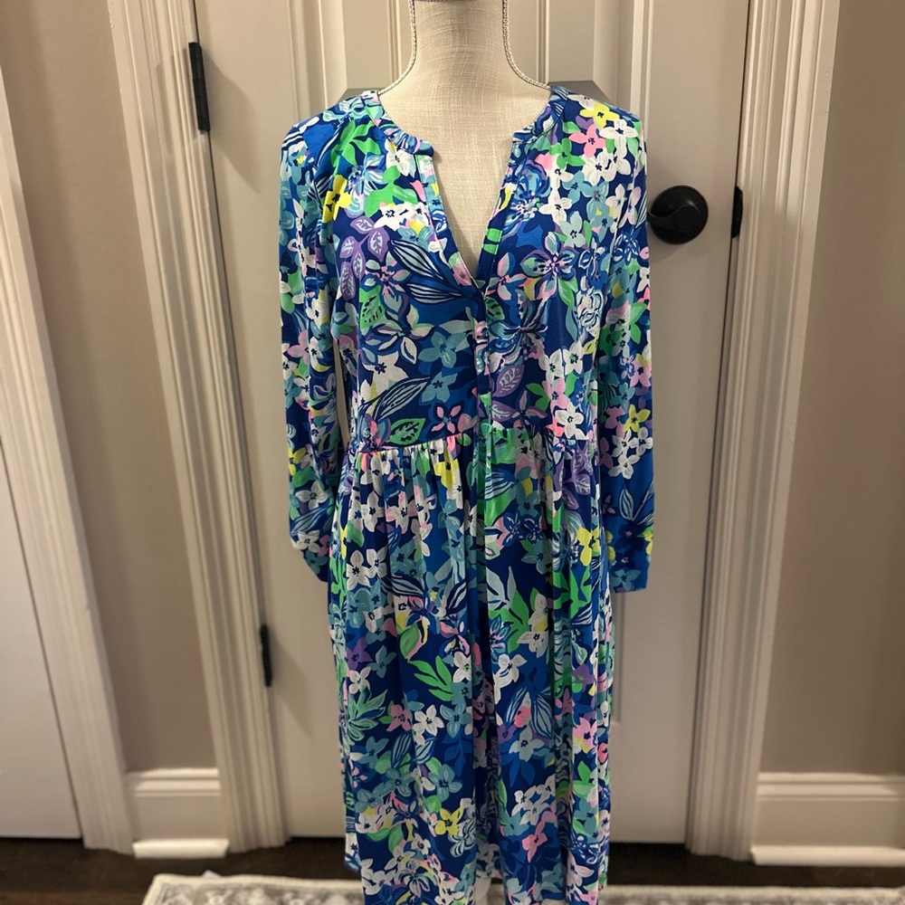 Lilly Pulitzer Loran Cotton 3/4 sleeve V-neck Dress Borealis Blue Social Sunset